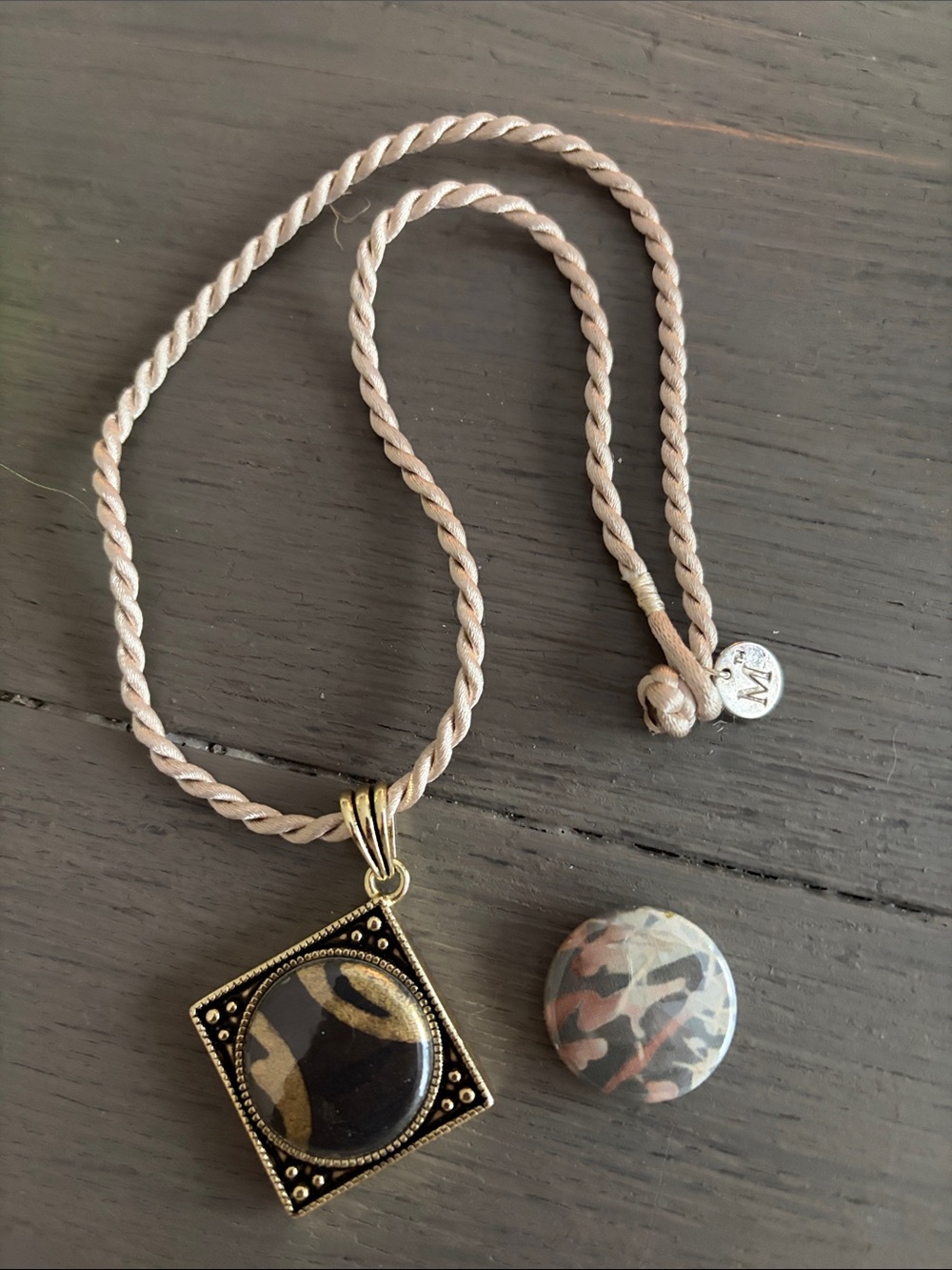 Boho Gold-Tone Pendant Necklace with Beige Cord